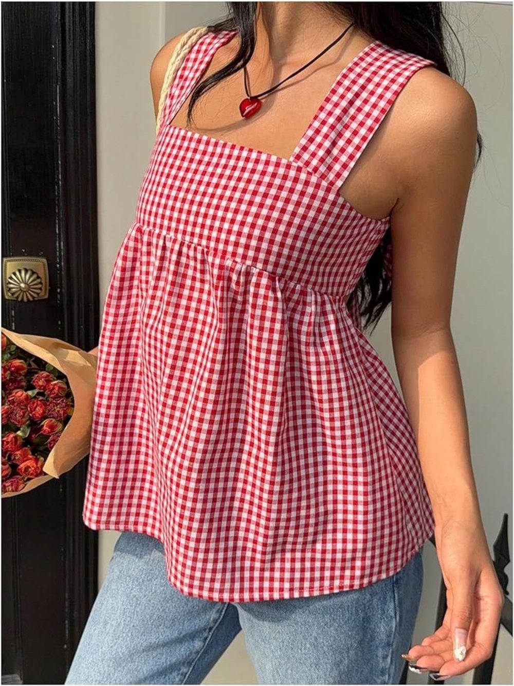 Women's Tie Back Tank Top Square Neck Gingham Peplum Babydoll Size S NWOT